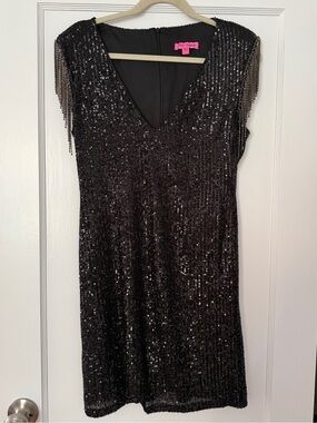 Betsey Johnson Black Sequin Fringe-Shoulder Mini Dress